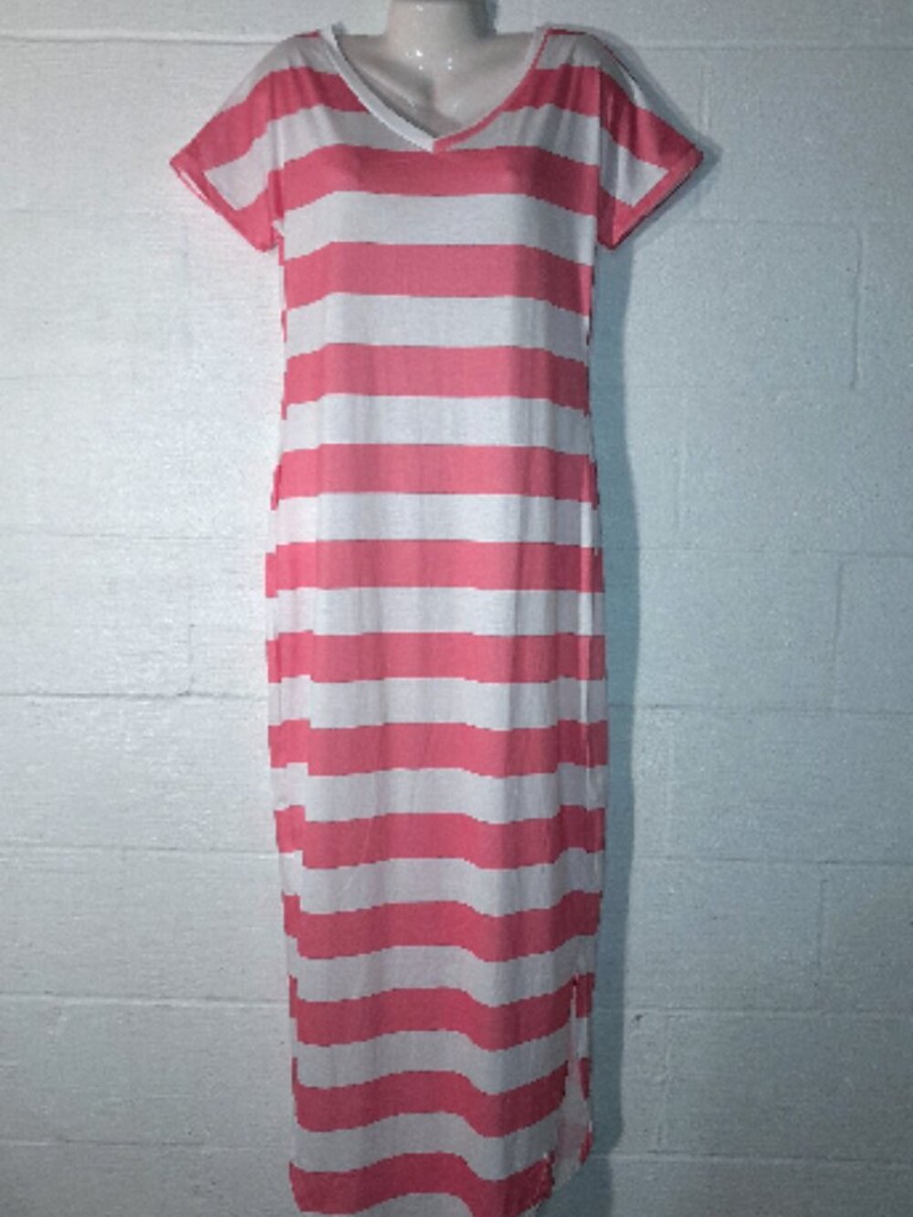 Women's Maxi Dress Coral White Striped V Neck Short Sleeve Shirt Dress Sz Small